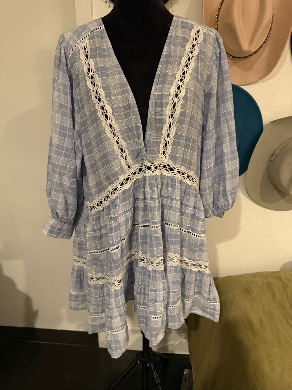 Free People Light Blue Plaid Crochet-Trim Mini Skirt